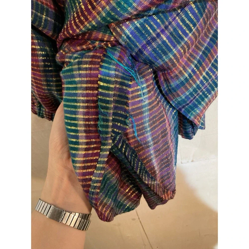 Handmade Button Down Shirt Women‎ Sz L Multi-Color Metallic Lurex Plaid Tunic - Picture 11 of 13
